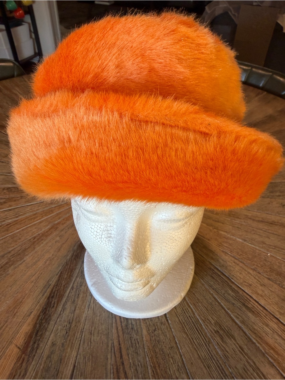 Bright Orange Faux Fur Bucket Cloche Hat Plush Mod Statement hat Y2K Halloween